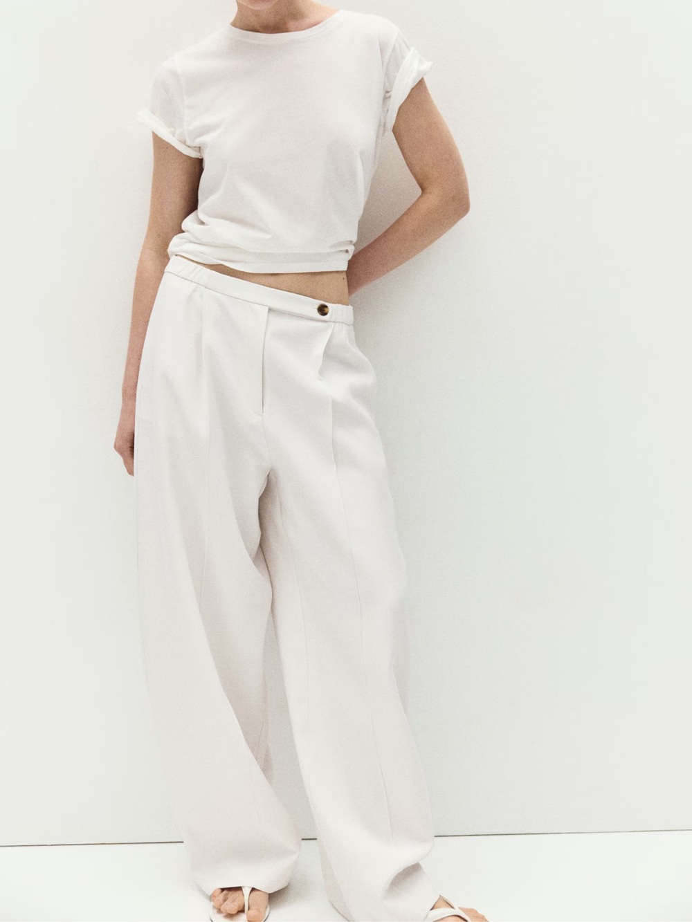 H&M Off-White Wide-Leg High-Rise Trousers